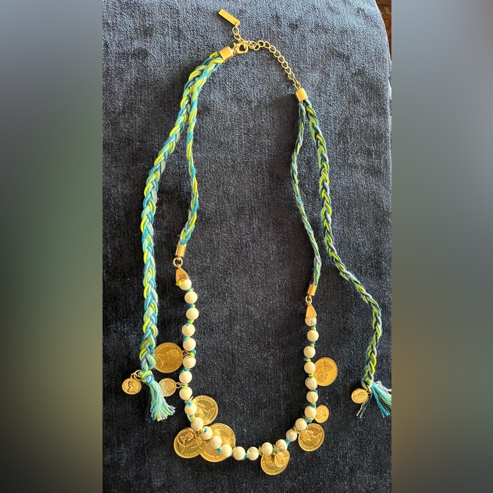 INC Braided thread, bead and coin necklace.